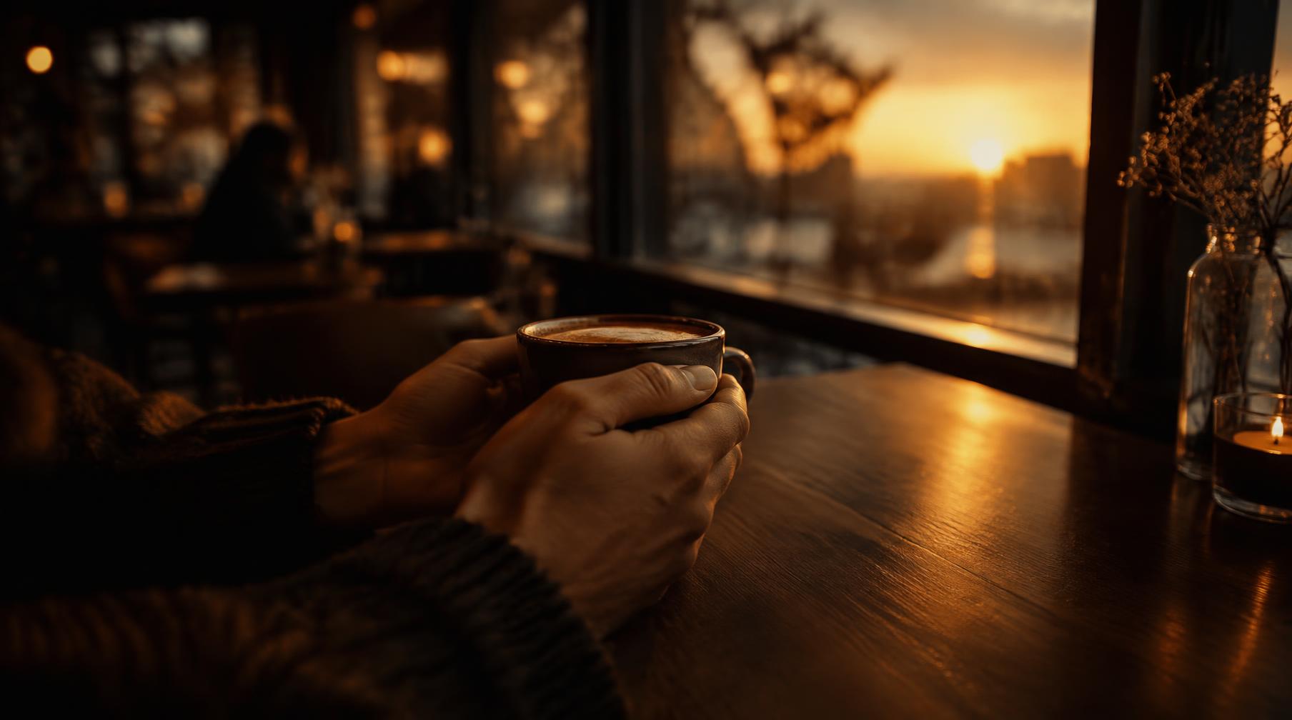 Mãos segurando xícara de café ao pôr do sol
